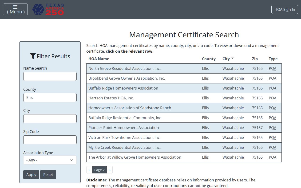 Ellis County neighbors HOA management certificate search by ZIP