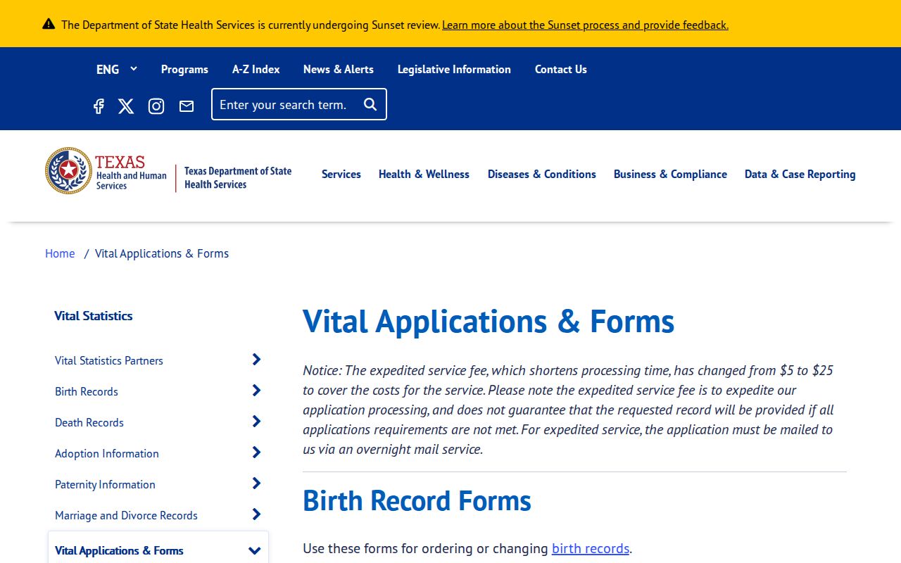 Ellis County residents directory Texas vital-record application forms